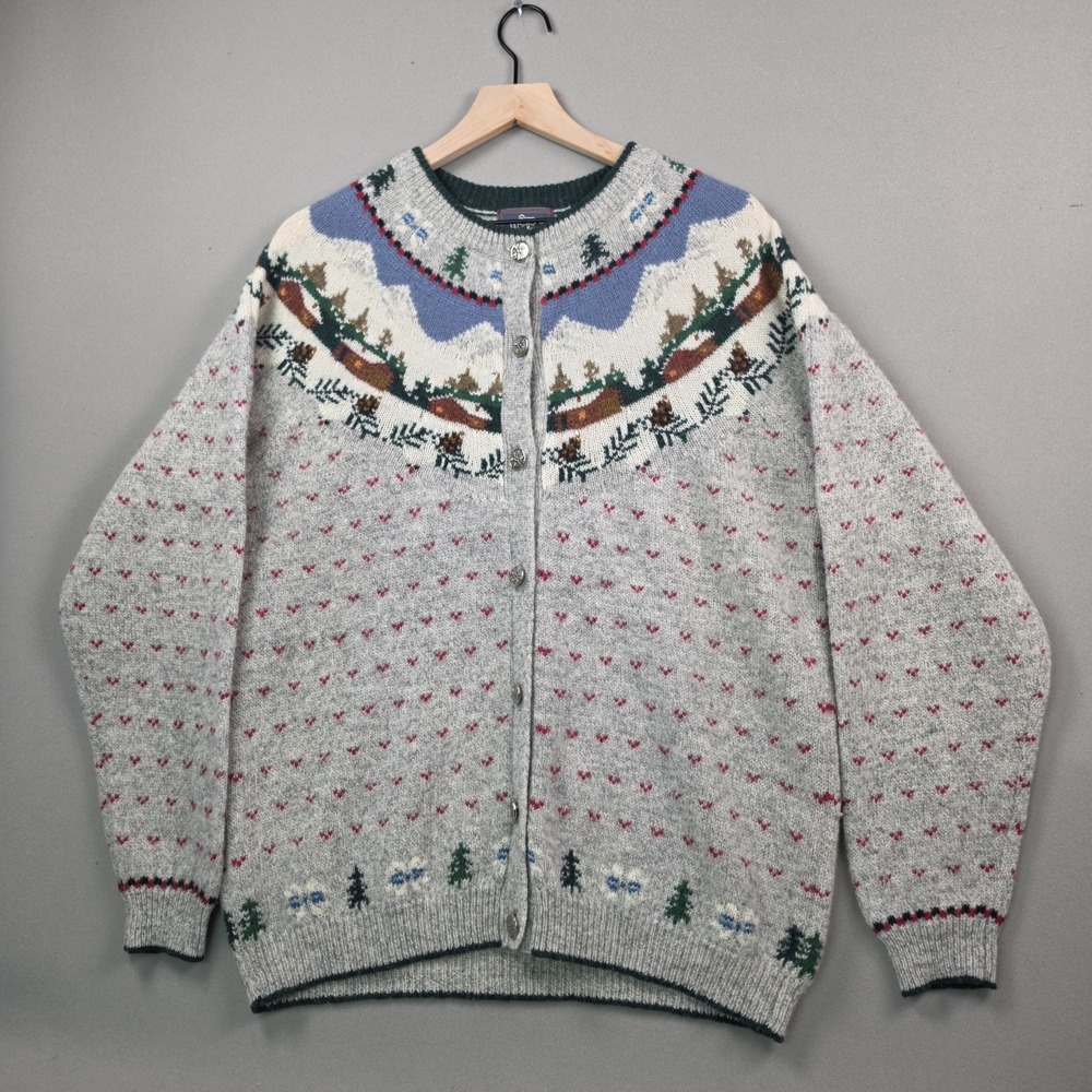 Woolrich Wool Cardigan Sweater Fair Isle Village Mountain Design Womens L Gray